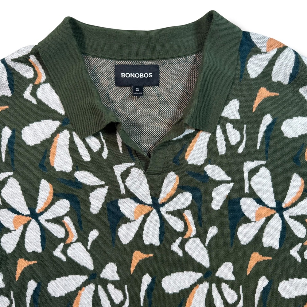 Bonobos Forest Green Retro Floral 100% Cotton Knit Sweater Polo Men's XL